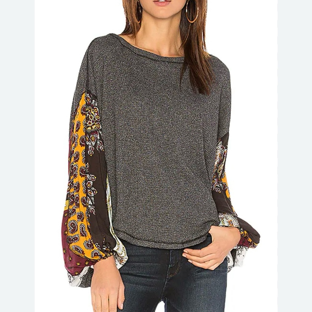 We‎ The Free Blossom Thermal Top Womens XS Gray Paisley Boho Slouchy Boxy